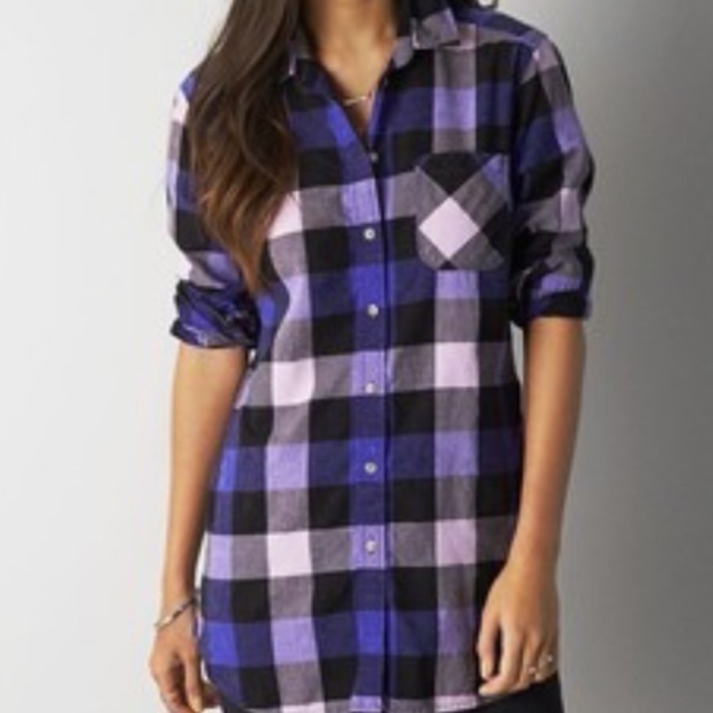 AEO Jegging shirt, purple checked pattern, long, M
